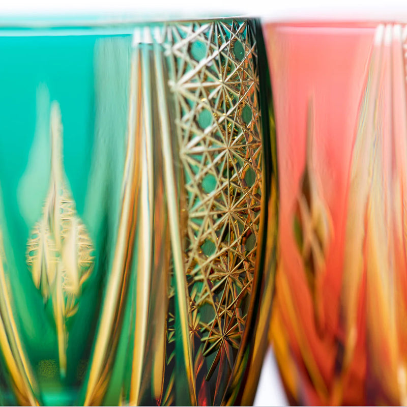 EDO KIRIKO CRYSTAL TUMBLER M-417 CHRYSANTHEMUM BASKET & FOUR DIAMONDS BY TARO YOSHIKAWA