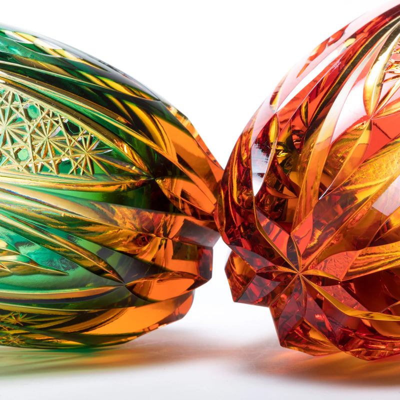 EDO KIRIKO CRYSTAL TUMBLER M-417 CHRYSANTHEMUM BASKET & FOUR DIAMONDS BY TARO YOSHIKAWA