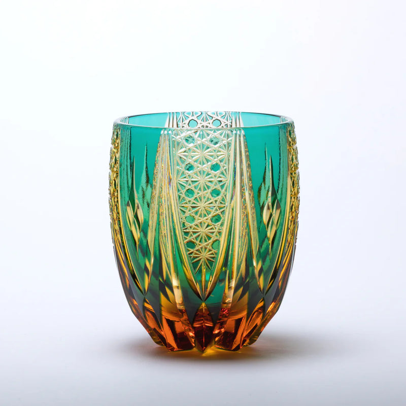 EDO KIRIKO CRYSTAL TUMBLER M-417 CHRYSANTHEMUM BASKET & FOUR DIAMONDS BY TARO YOSHIKAWA