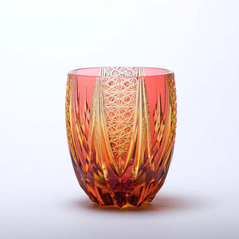 EDO KIRIKO CRYSTAL TUMBLER M-417 CHRYSANTHEMUM BASKET & FOUR DIAMONDS BY TARO YOSHIKAWA