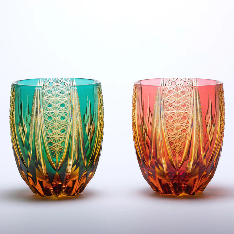 EDO KIRIKO CRYSTAL TUMBLER M-417 CHRYSANTHEMUM BASKET & FOUR DIAMONDS BY TARO YOSHIKAWA
