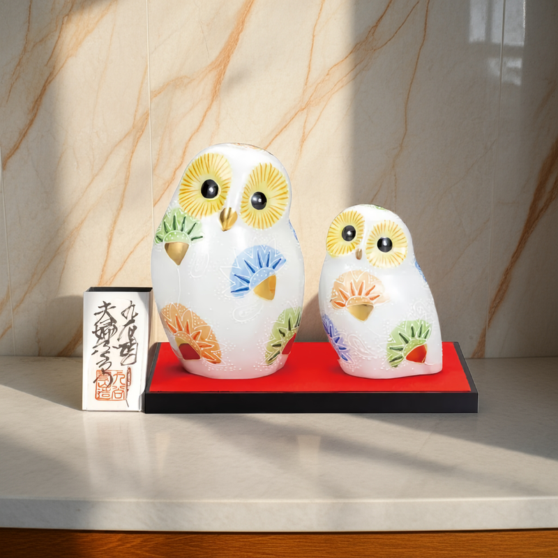 KUTANI WARE PAIR OF OWL FIGURINE WHITE MORI (WITH STAND, MAT, AND NAMEPLATE INCLUDED)