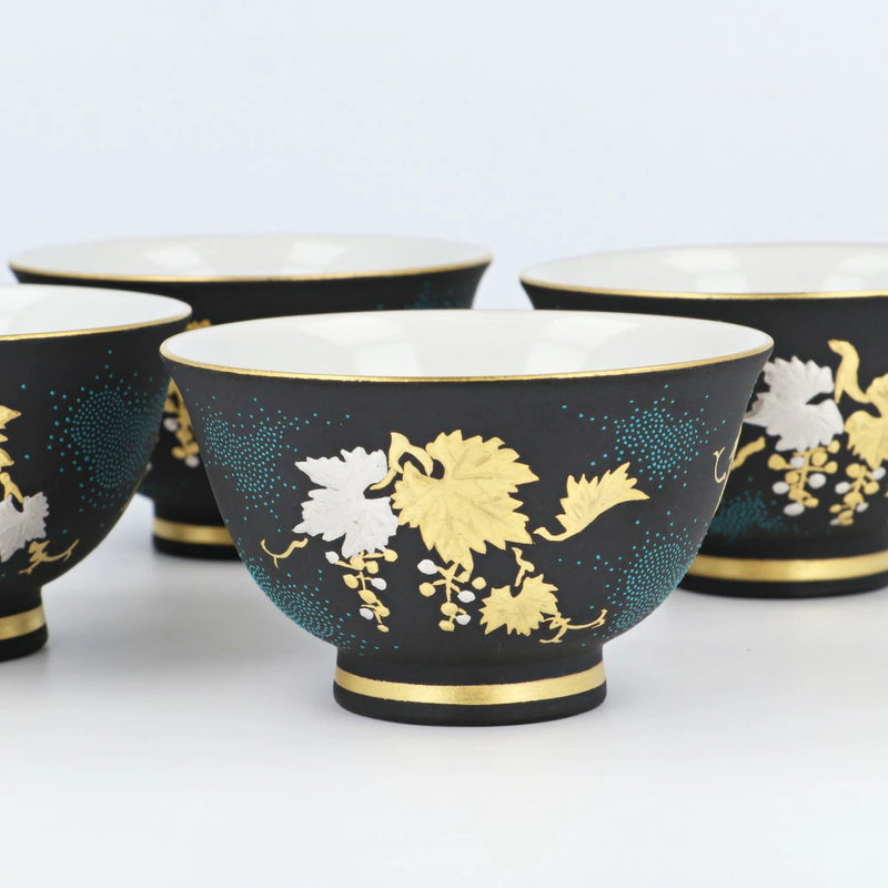 KUTANI WARE TEA UTENSILS SET SHIROKANEMORI GRAPEVINE TRELLIS AOCHIBU/  KINGYOKU NAKADA