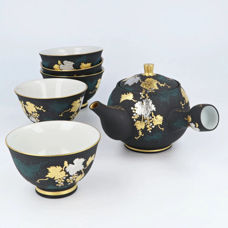 KUTANI WARE TEA UTENSILS SET SHIROKANEMORI GRAPEVINE TRELLIS AOCHIBU/  KINGYOKU NAKADA