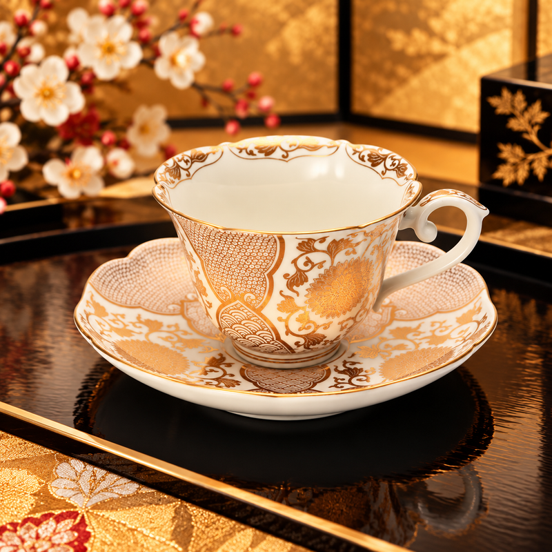 ARITA WARE TEACUP & SAUCER “CREAM GLAZE WITH GOLD CHRYSANTHEMUM DESIGN”/ TOKKO KILN