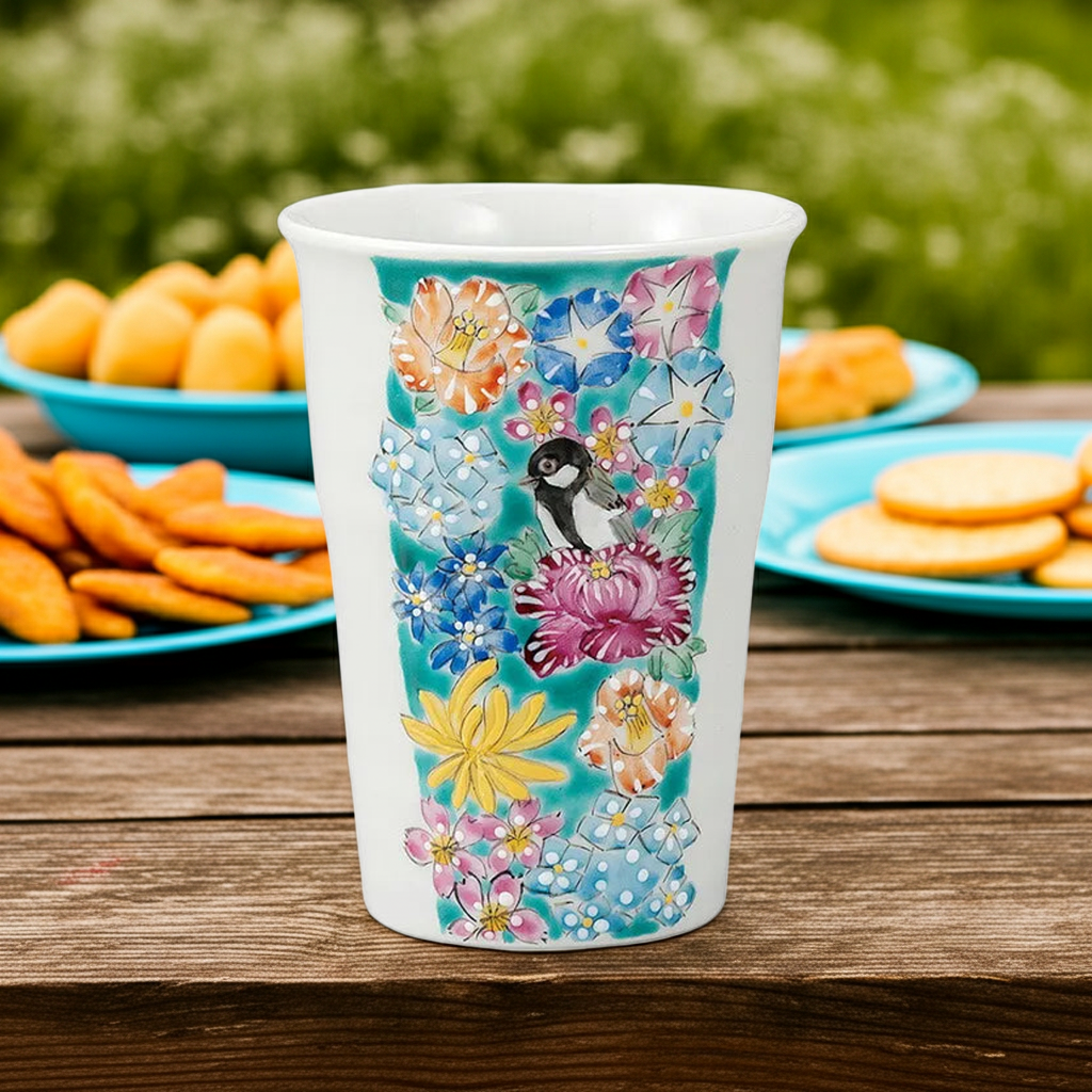 KUTANI WARE FREE CUP LITTLE BIRD FLORAL PATTERN BY ATSUKO SHINKAWA – (GIFT BOXED )