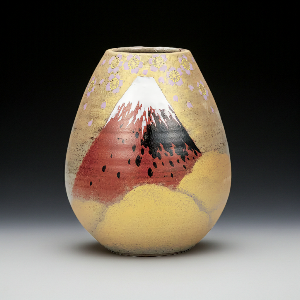 KUTANI WARE VASE – “GOLDEN CLOUDS AND CHERRY BLOSSOMS WITH MT. FUJI” BY YOSHINORI FUKUDA