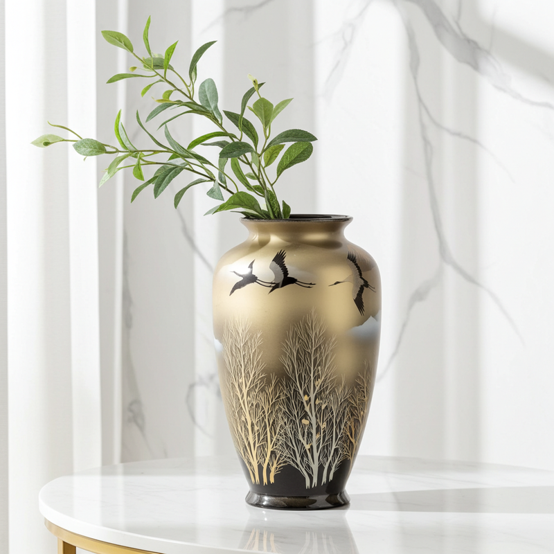 JAPANESE KUTANI WARE VASE – GOLD LEAF FOREST & MOUNTAINS WITH CRANES (GIFT BOXED)