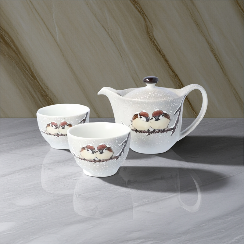 JAPANESE TEAPOT SET KUTANI TWO SPARROWS IN SNOW/ TOSHITO NAKAMURA