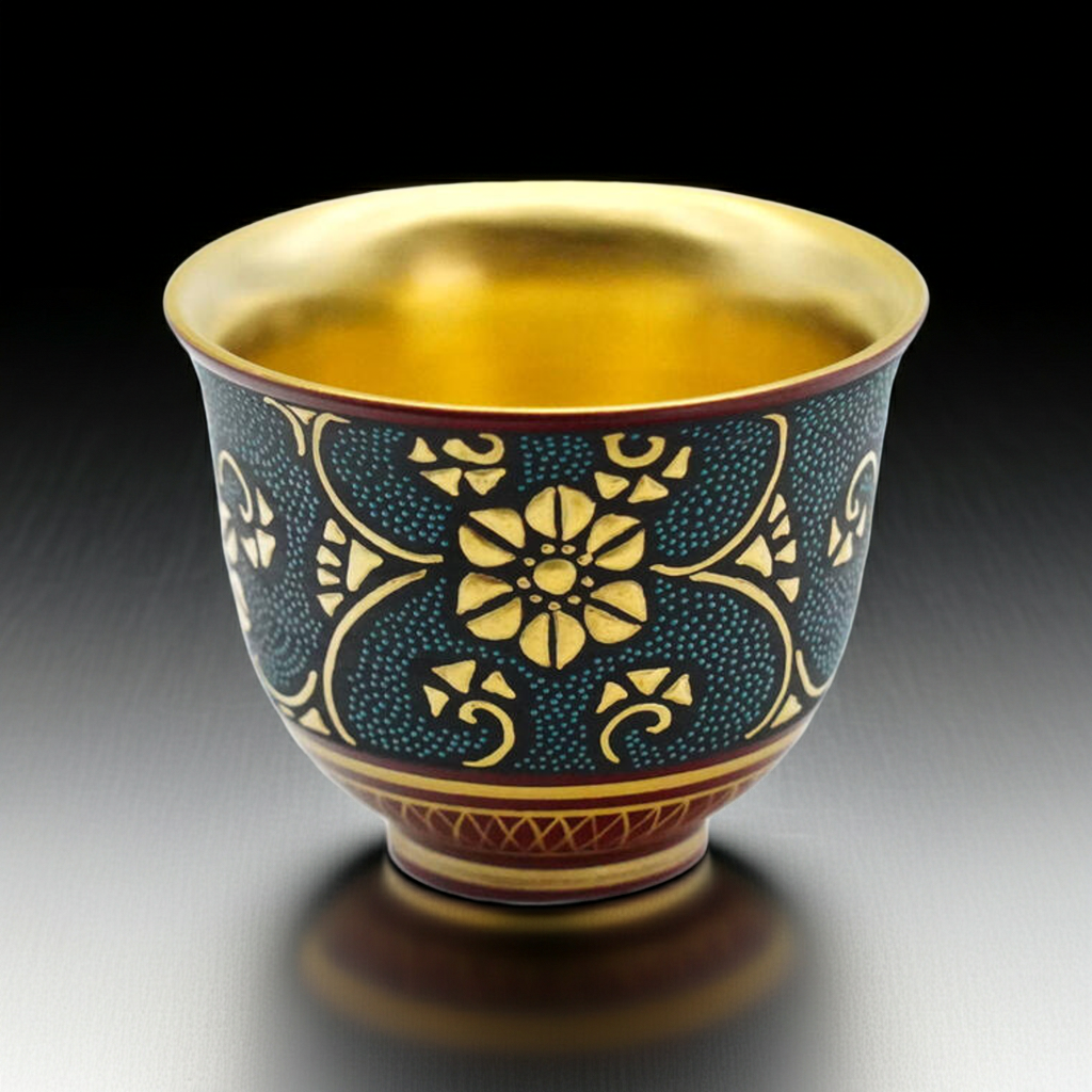 KUTANI WARE GUINOMI – BLUE DOTS WITH GOLD IRON ARABESQUE AND INNER GOLD DECORATION BY KINGYOKU NAKATA