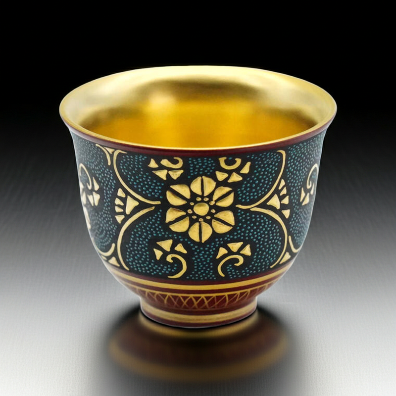 KUTANI WARE GUINOMI – BLUE DOTS WITH GOLD IRON ARABESQUE AND INNER GOLD DECORATION BY KINGYOKU NAKATA