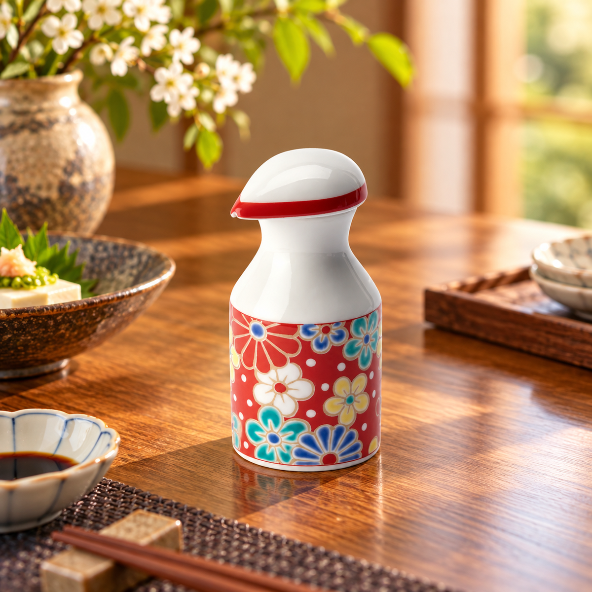 KUTANI WARE PATTERNED SOY SAUCE DISPENSER PLUM CHRYSANTHEMUM DESIGN / SEIKOU KILN