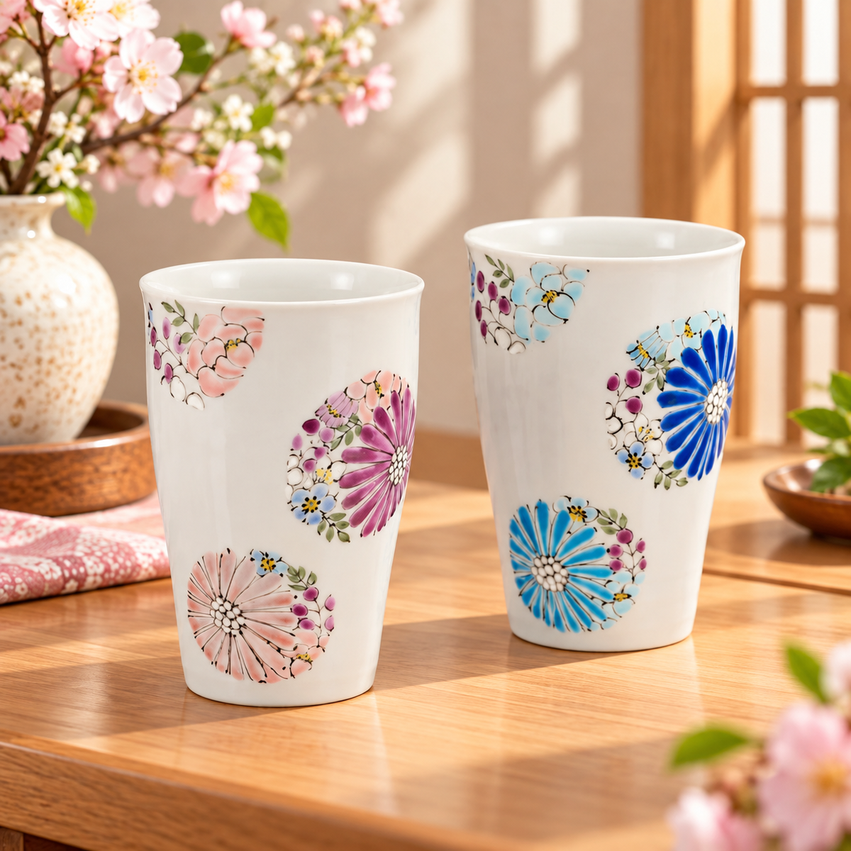 KUTANI WARE PAIR OF FREE CUPS – “HANA” (FLORAL DESIGN) / IROE YU