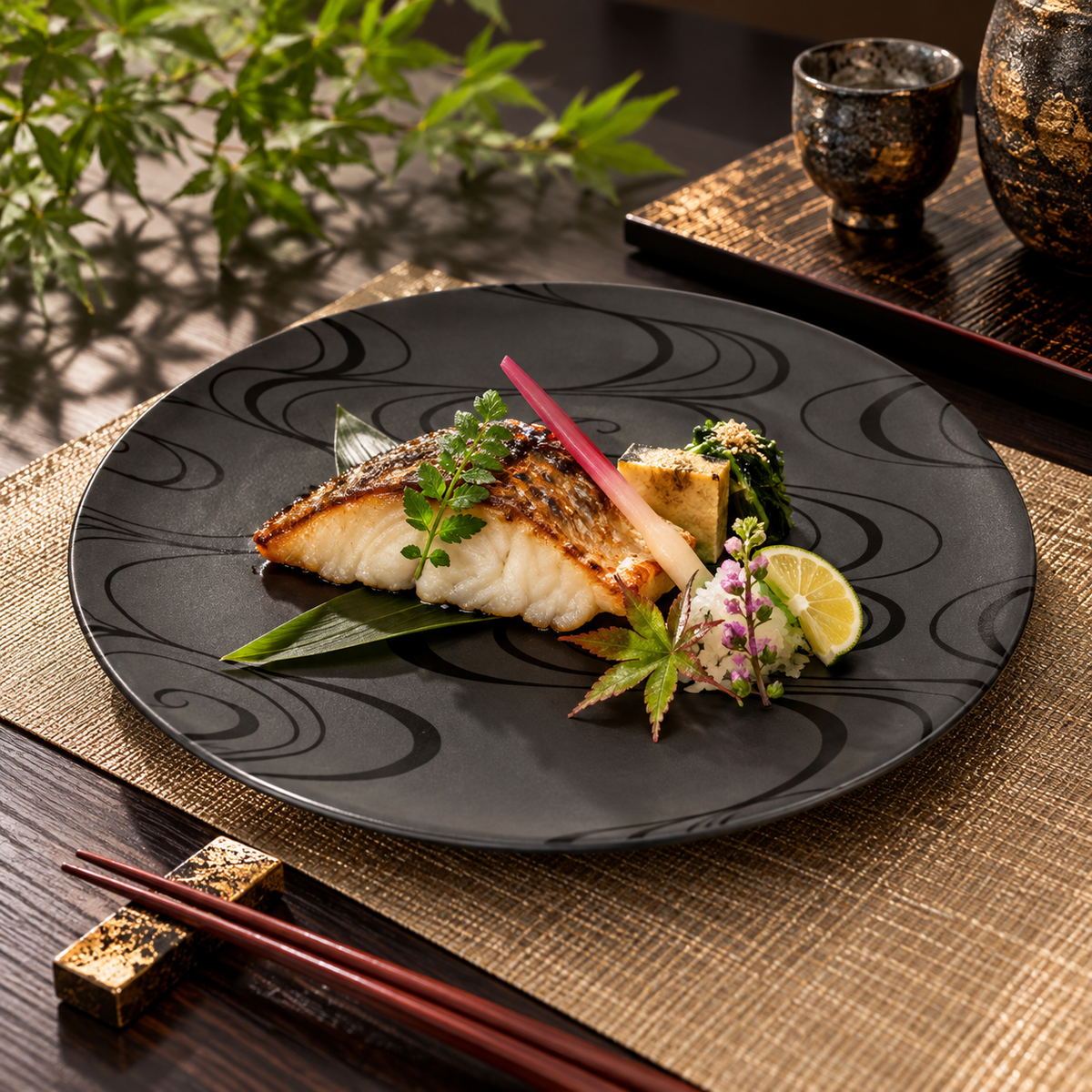 ARITA WARE BLACK CLAY 23 CM ROUND PLATE WITH FLOWING WATER PATTERN