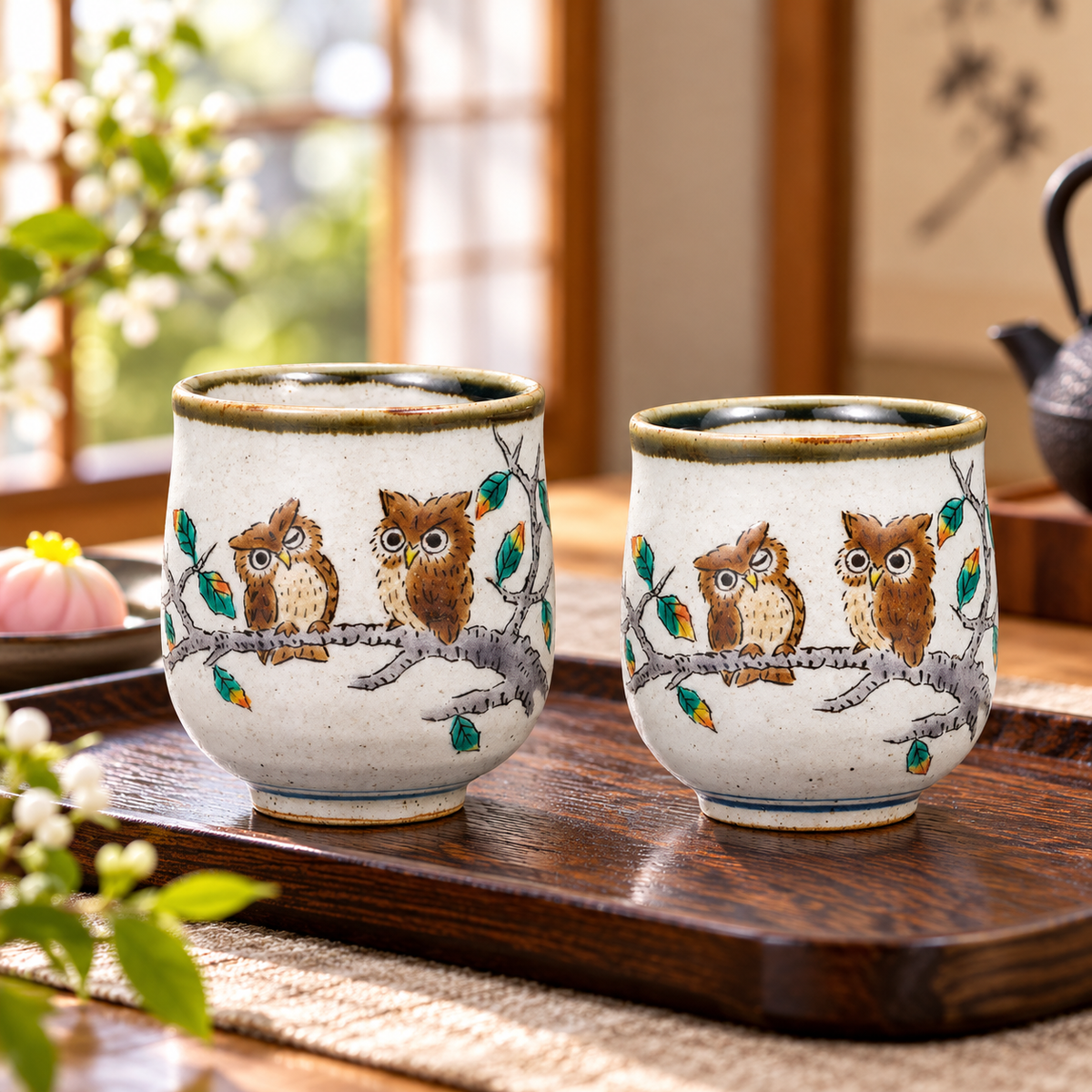 KUTANI WARE OWL YUNOMI TEA CUP SET