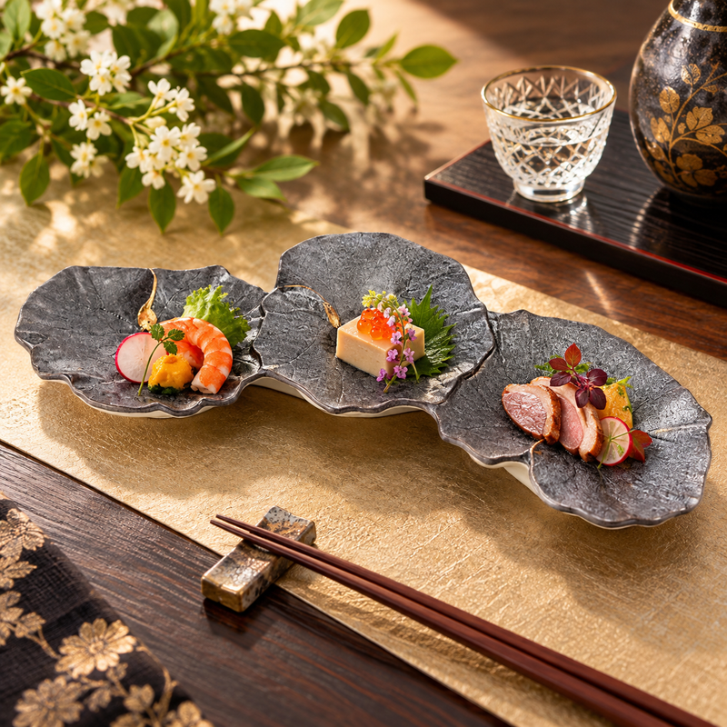 ARITA WARE BLACK GLAZED CONNECTED TSUWA LEAF PLATE WITH GOLD BRUSHSTROKE ACCENTS / FUKUSEN KILN
