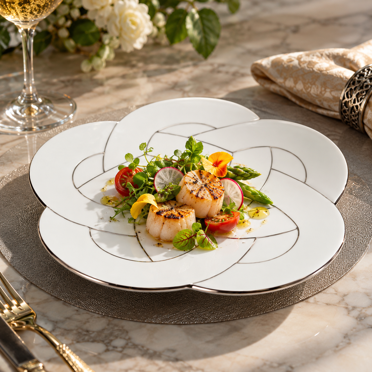 ARITA WARE WHITE PORCELAIN PLATE WITH PLATINUM LINES – UME KNOT DESIGN / TASEI KILN