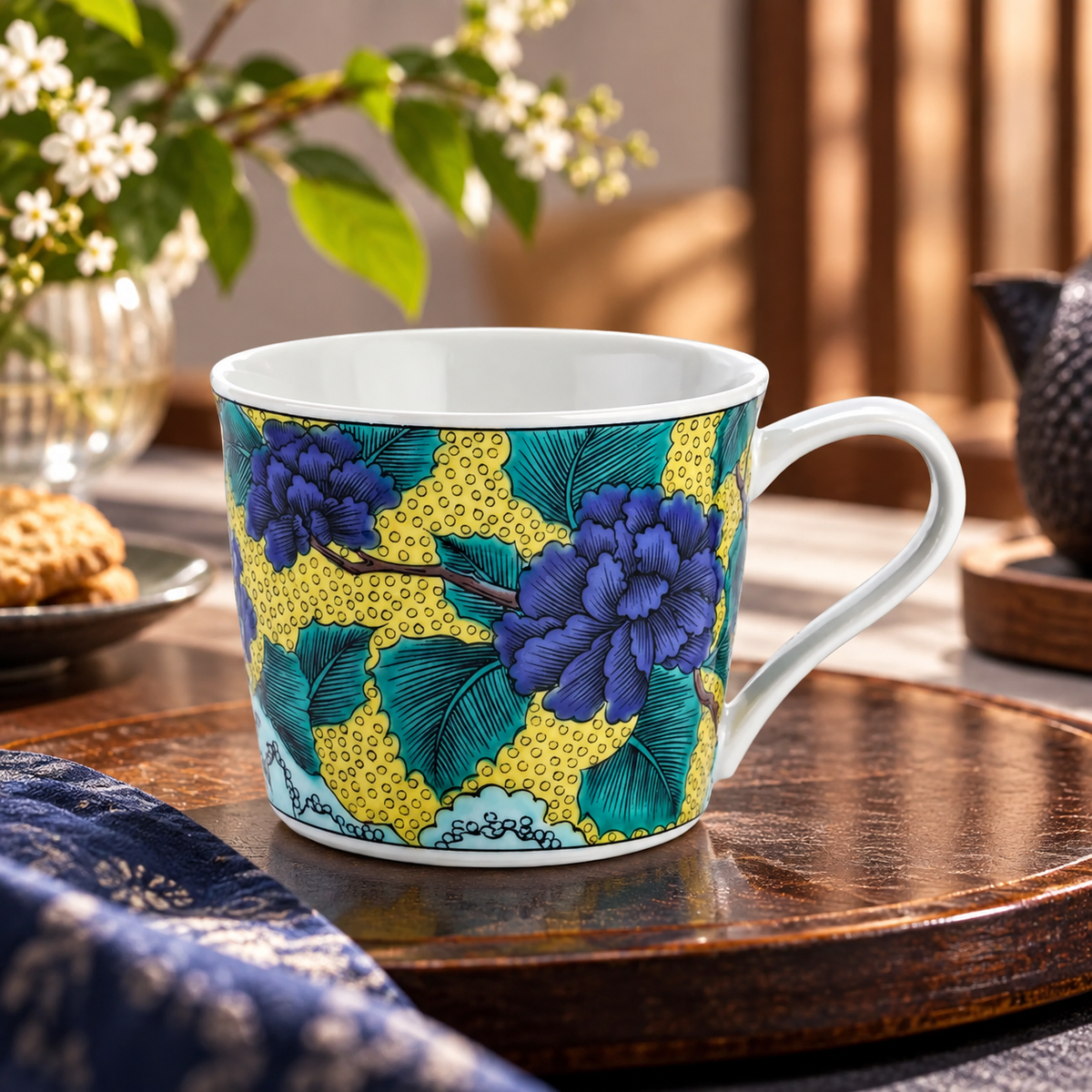 KUTANI WARE  MUG CUP PEONY ON EARTHEN SLOPE / SEIKOU KILN