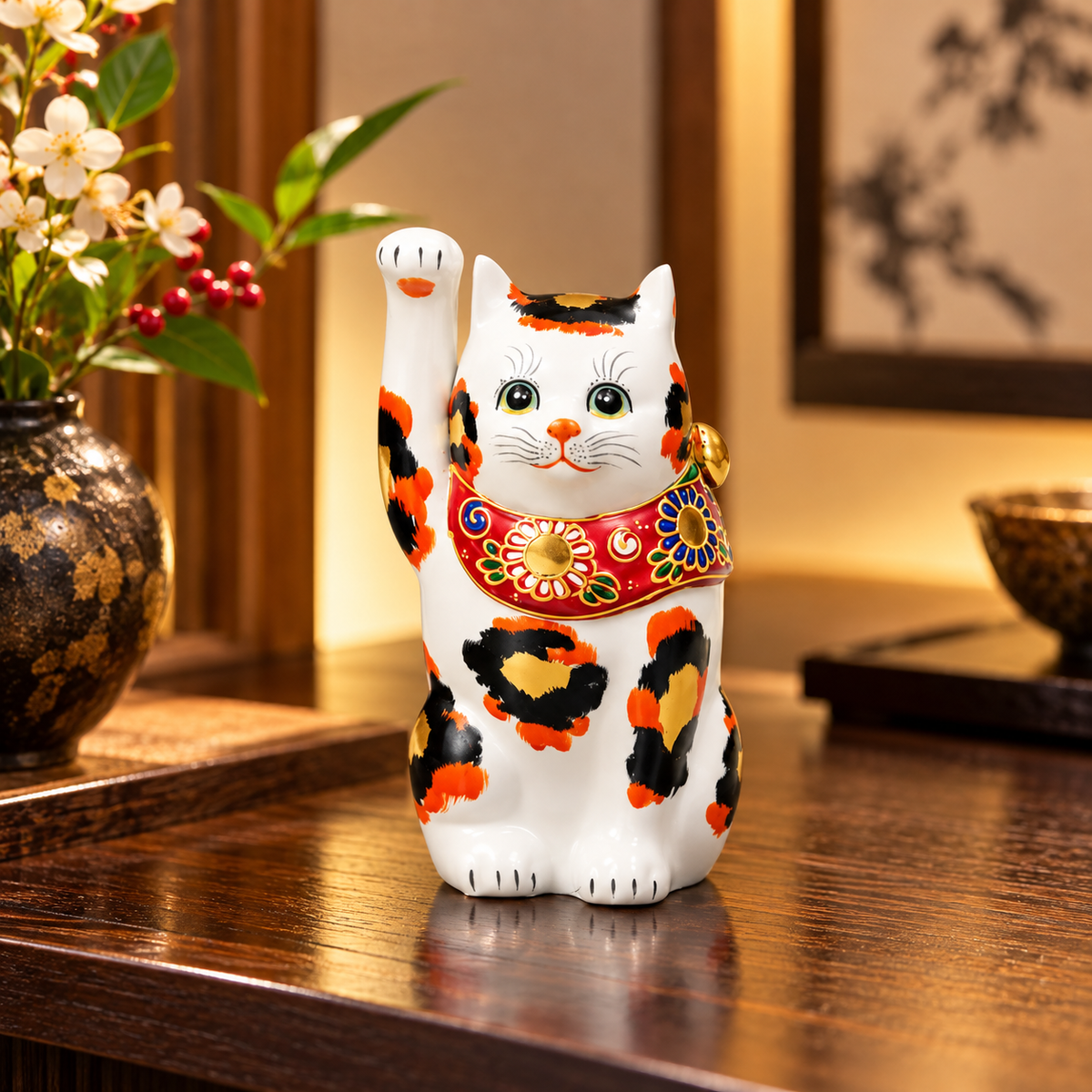 KUTANI WARE JAPANESE MANEKI NEKO LUCKY CAT “KIN-MIKE” (GOLDEN CALICO CAT)