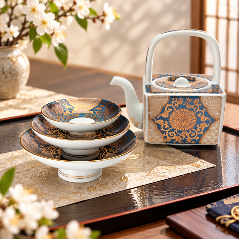 ARITA WARE TOSO SAKE SET “BLUE & GOLD CHRYSANTHEMUM DESIGN / TOKKO KILN