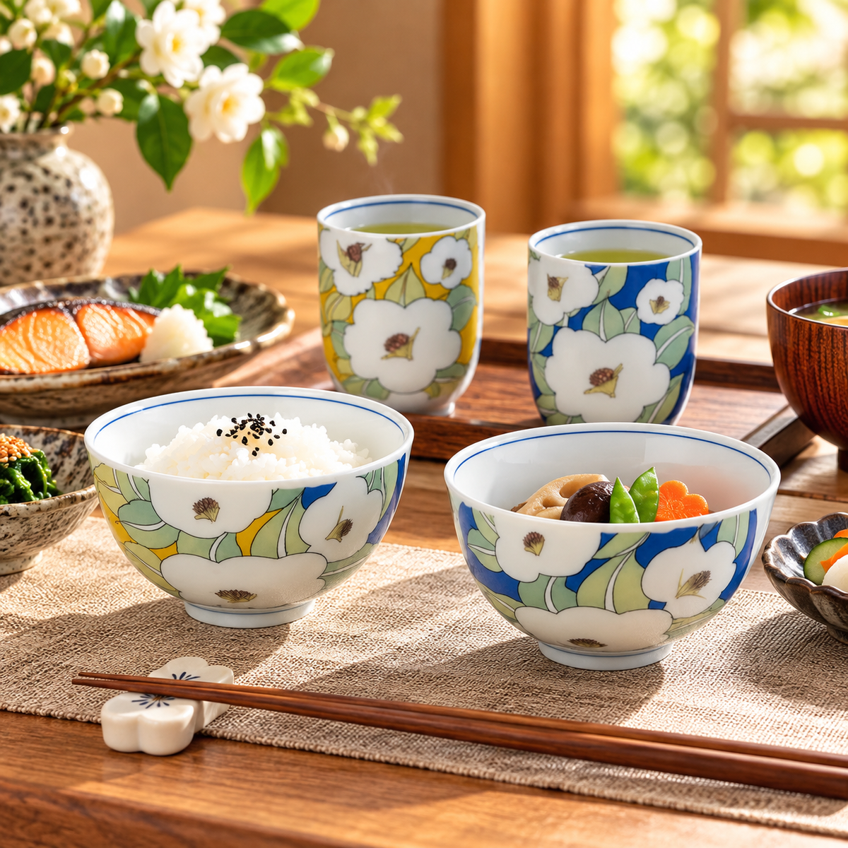JAPANESE KUTANI WARE PAIR RICE BOWL SET COLOR-GLAZED CAMELLIA