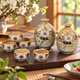 KUTANI WARE SAKE SET WITH CLEMATIS FLOWER DESIGN