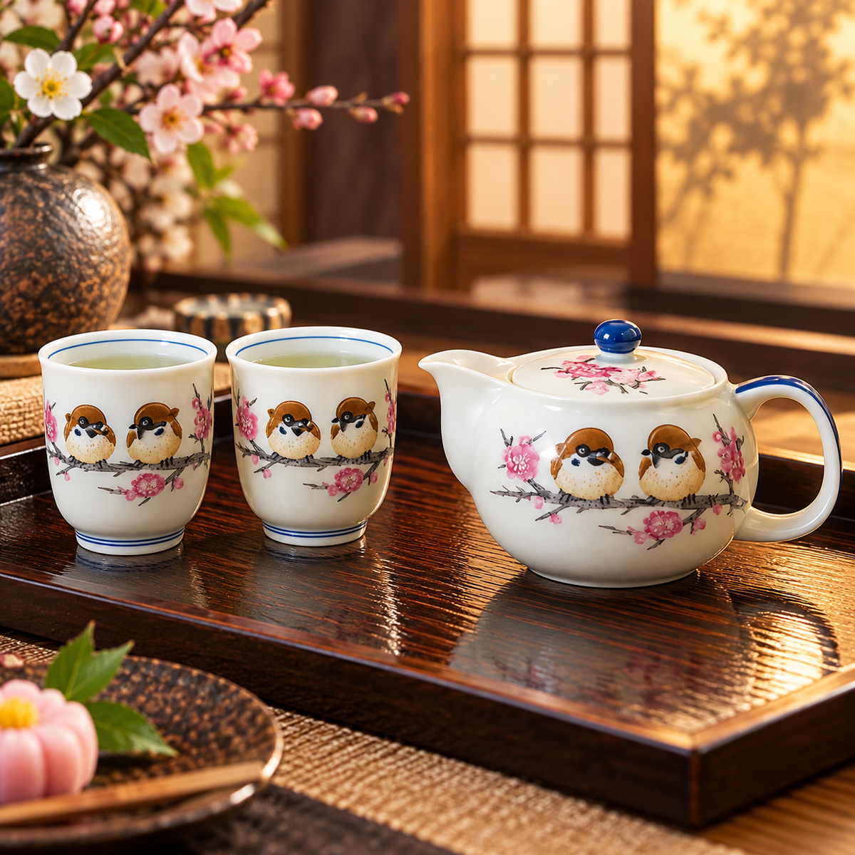 JAPANESE TEAPOT SET KUTANI SPARROW (WITH NET COVER)