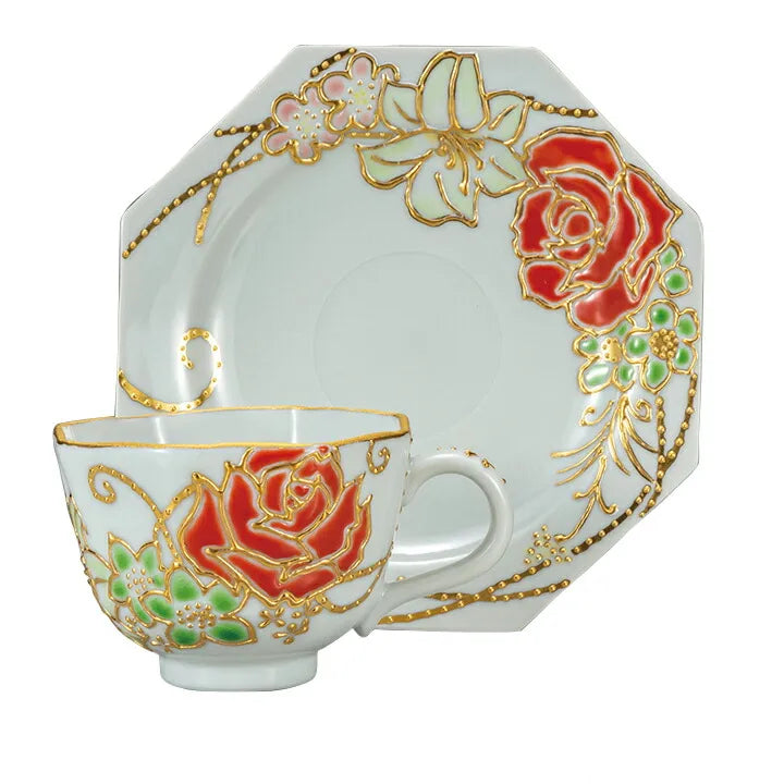JAPANESE KUTANI CUP & SAUCER – HAND-PAINTED ROSE MOTIF BY ARTIST SHIHO AIKAWA