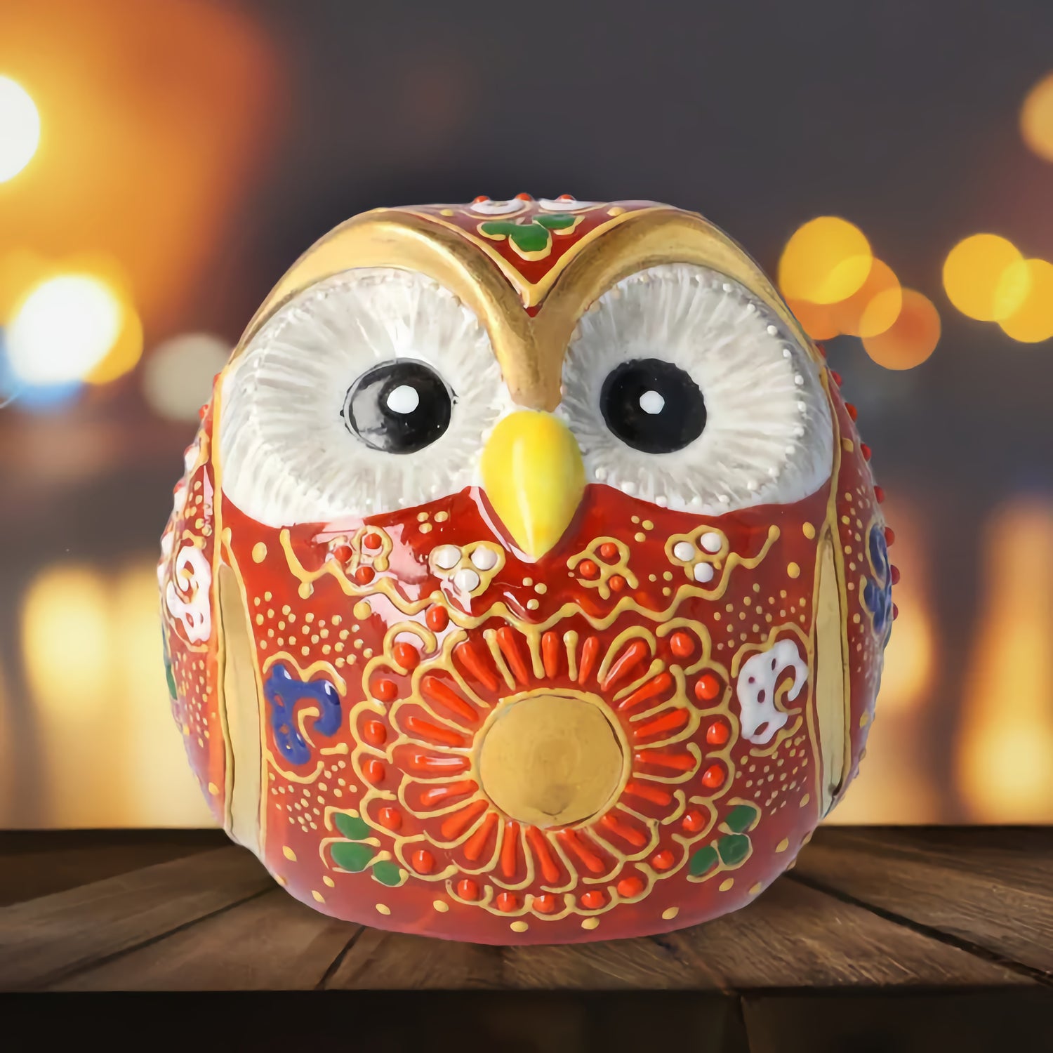 KUTANI WARE ROUND OWL FIGURINE RED MORI