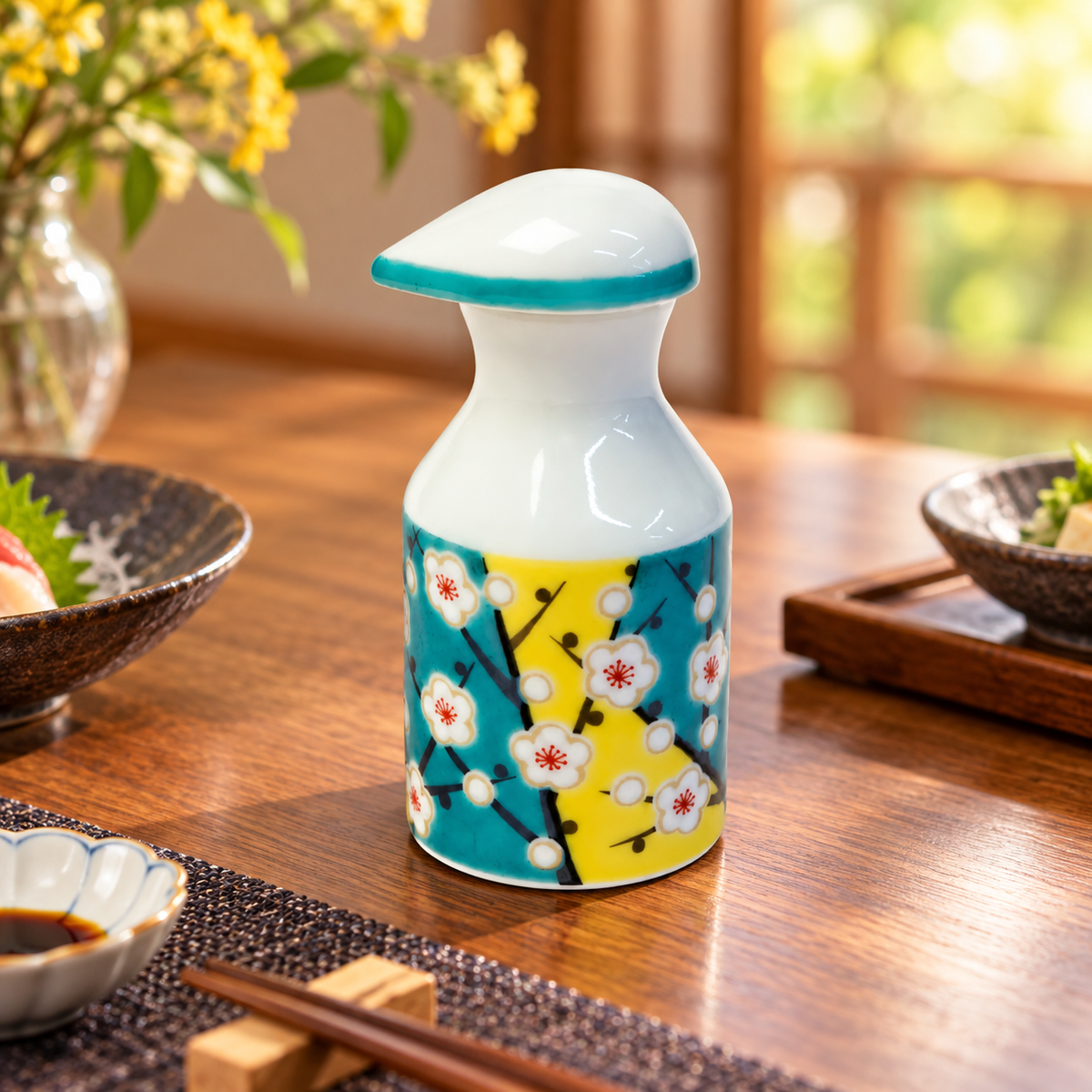 KUTANI WARE PATTERNED SOY SAUCE DISPENSER PLUM DESIGN / SEIKOU KILN