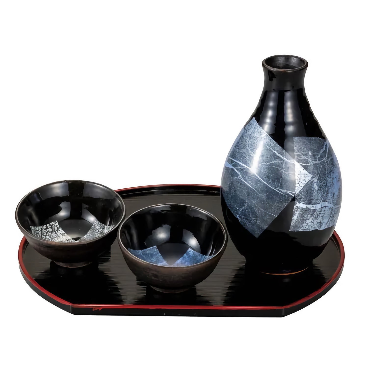 KUTANI WARE SAKE SET – GINSAI SILVER GLAZE (WITH TRAY, GIFT BOX INCLUDED)