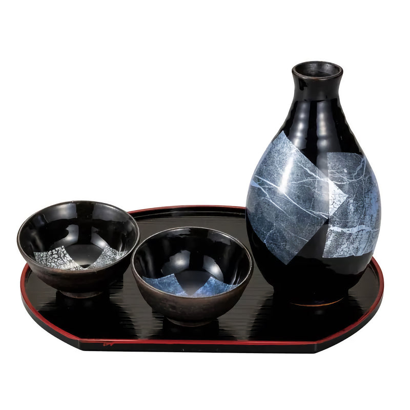 KUTANI WARE SAKE SET – GINSAI SILVER GLAZE (WITH TRAY, GIFT BOX INCLUDED)
