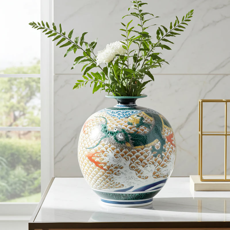 KUTANI WARE VASE “AOTE RYŪJIN” (BLUE-GLAZED DRAGON GOD) HAND-PAINTED BY YOSHINORI FUKUDA | WITH PAULOWNIA WOOD BOX (WITH RIBBON THREADING)