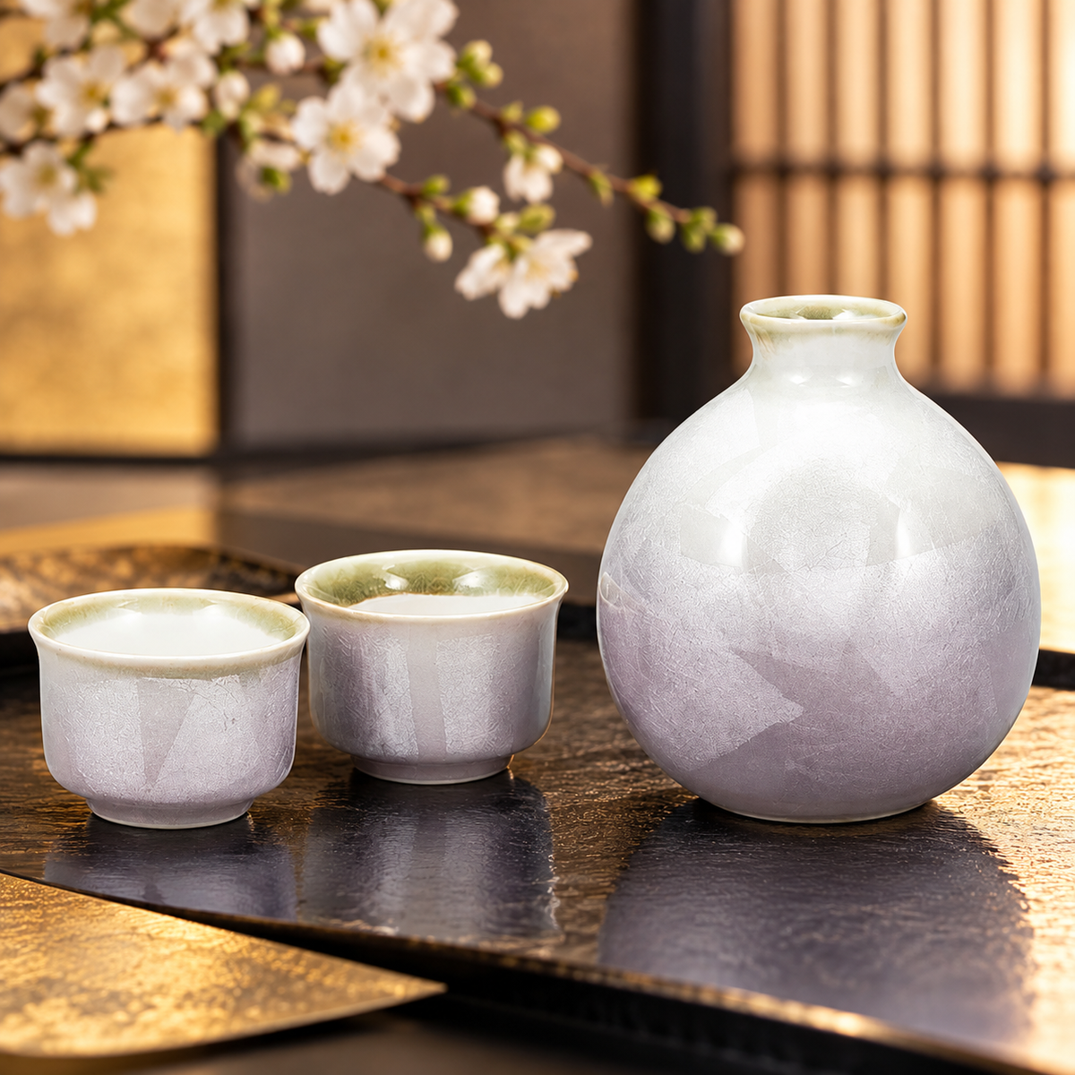JAPANESE SAKE SET KUTANI SILVER-LUSTER PURPLE