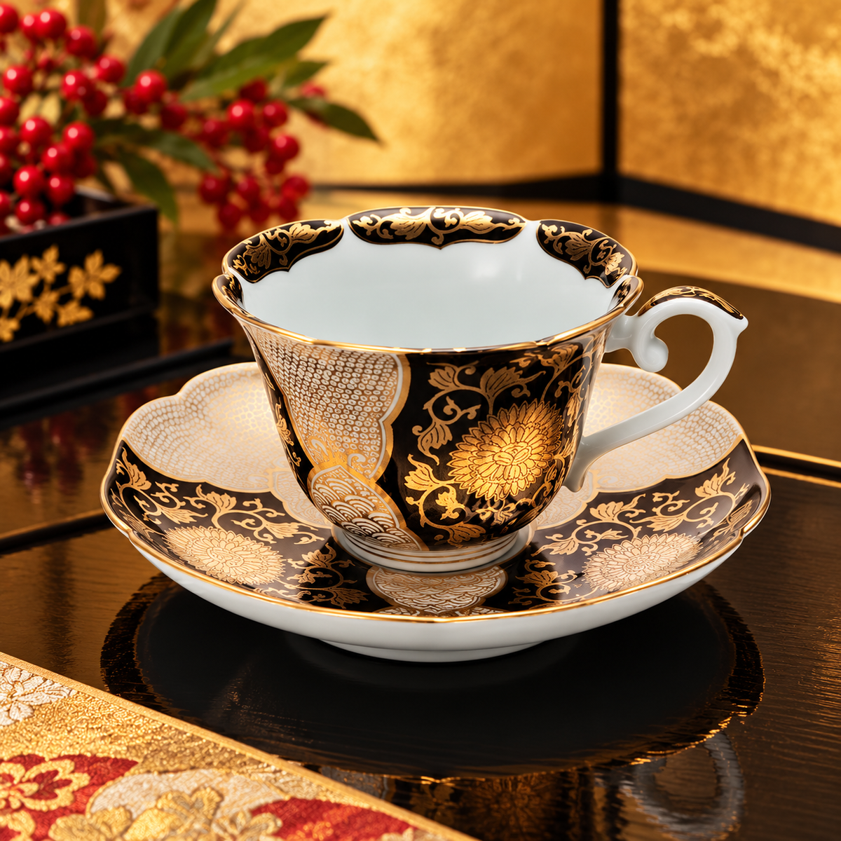 ARITA WARE COFFEE CUP BLACK GROUND TEACUP WITH GOLD CHRYSANTHEMUM DESIGN/ TOKKO KILN
