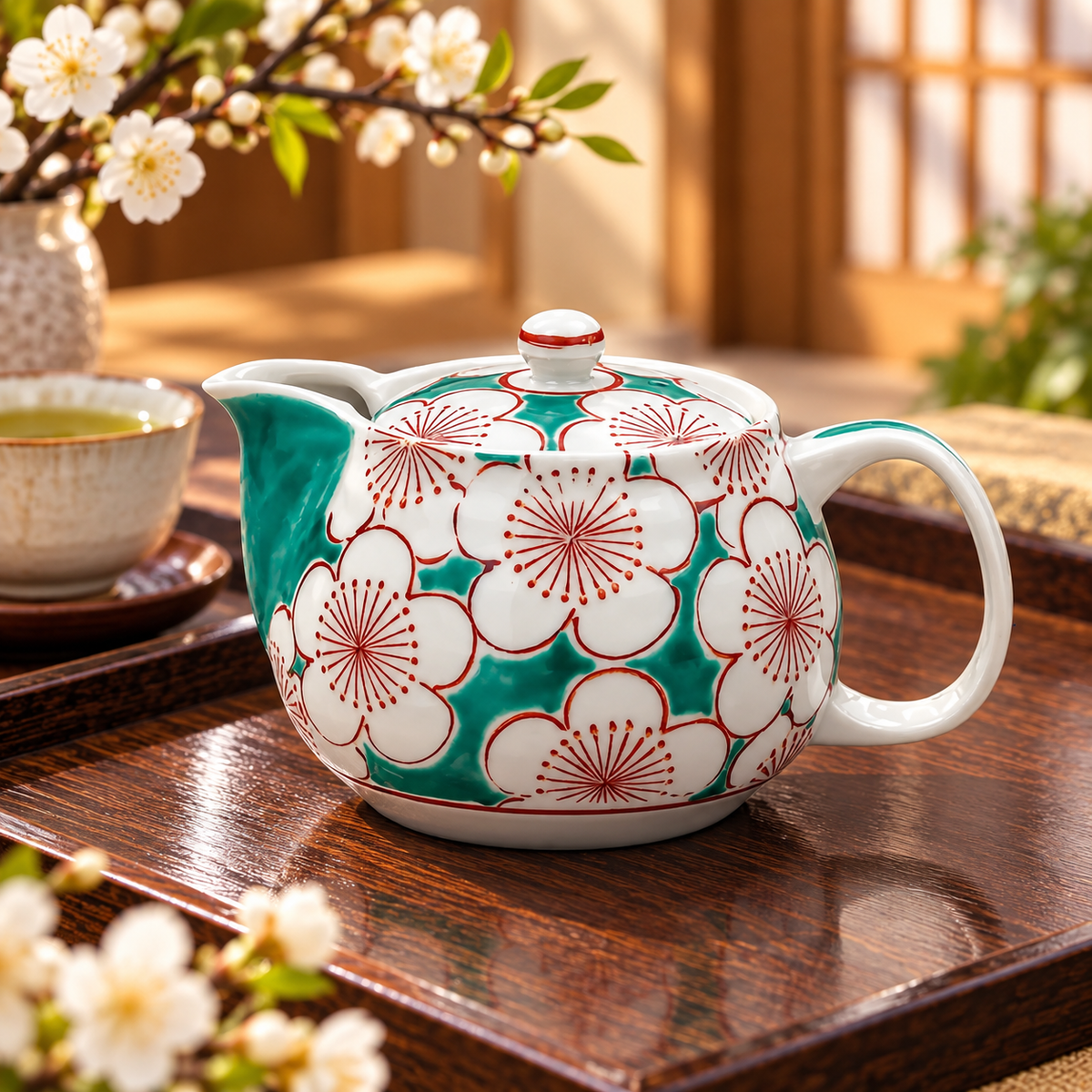 KUTANI JAPANESE TEAPOT GREEN UME PLUMS