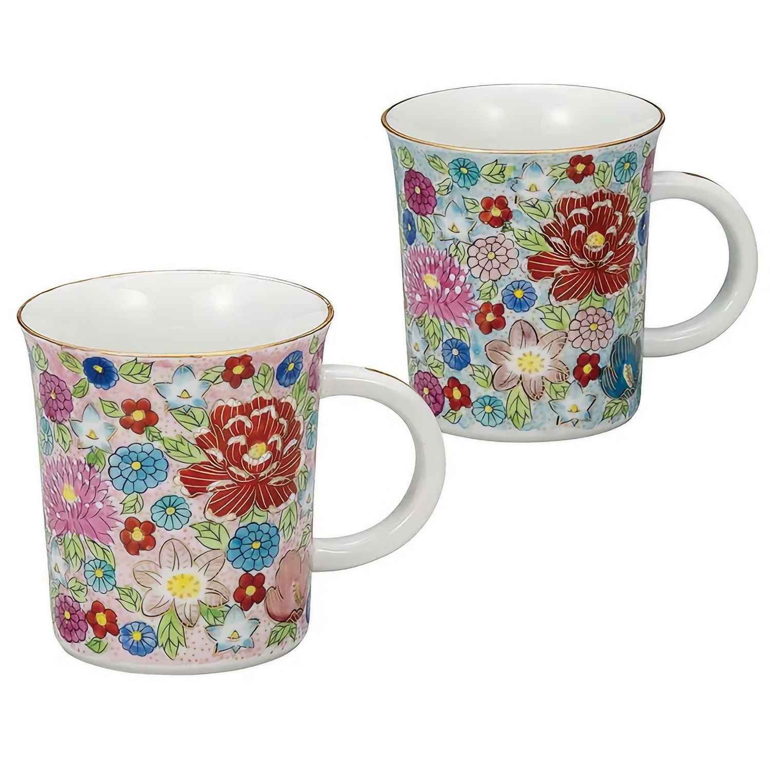 KUTANI MUG CUP PAIR – HAND-PAINTED GENUINE GOLD HANA-TSUME DESIGN BY TAISHI KILN (GIFT BOX)