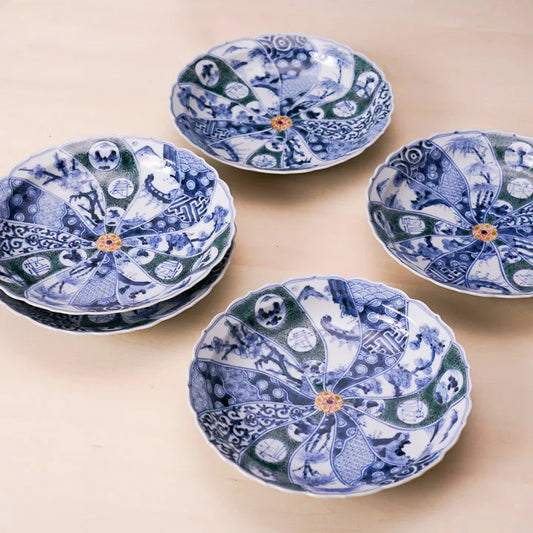 (IMPERIAL HOUSEHOLD KILN) KUTANI WARE PLATE SET “IROE SHONZUI” / CHOZA YAMAMOTO