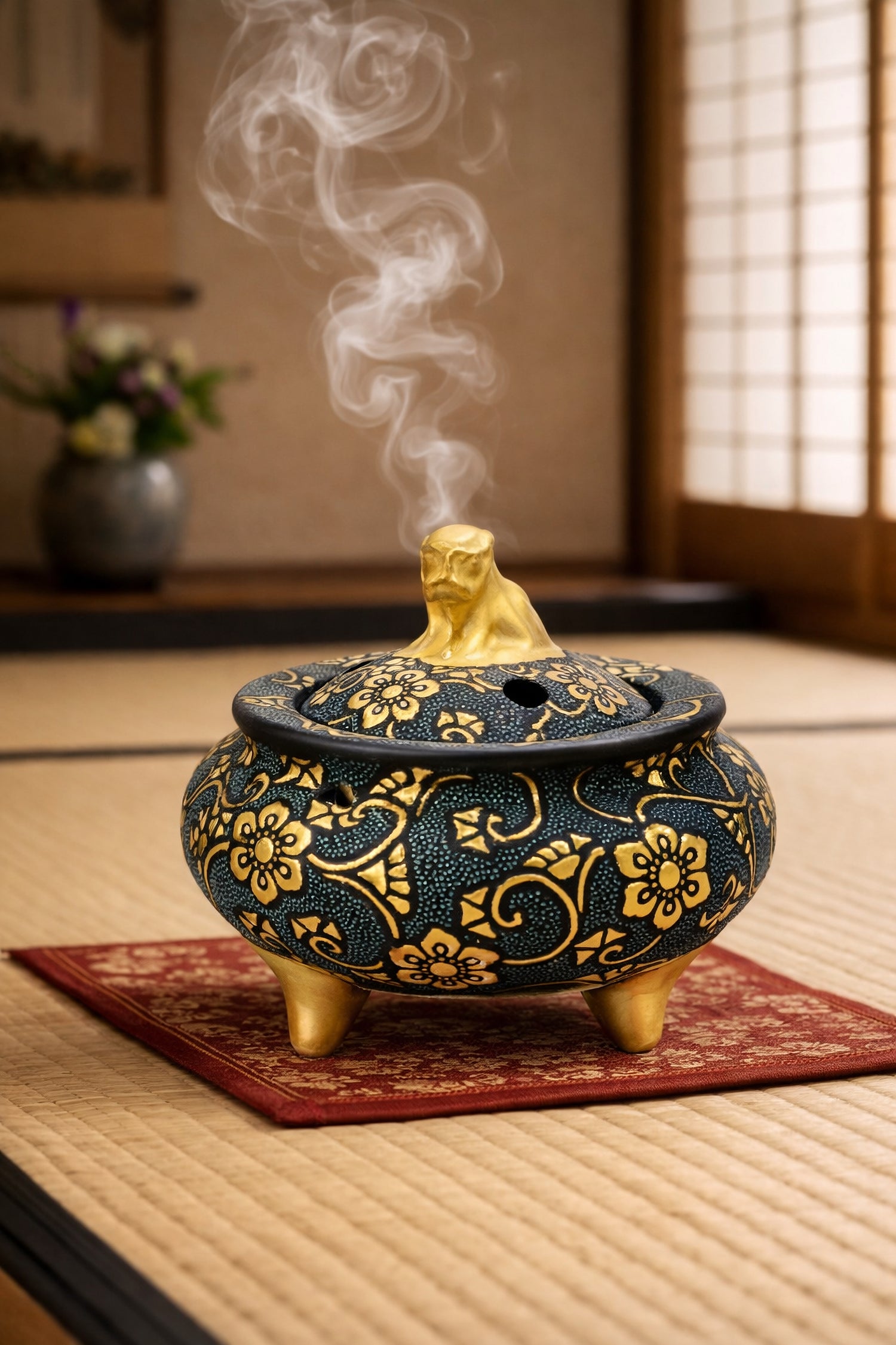 Decorative incense burner with smoke on a tatami mat