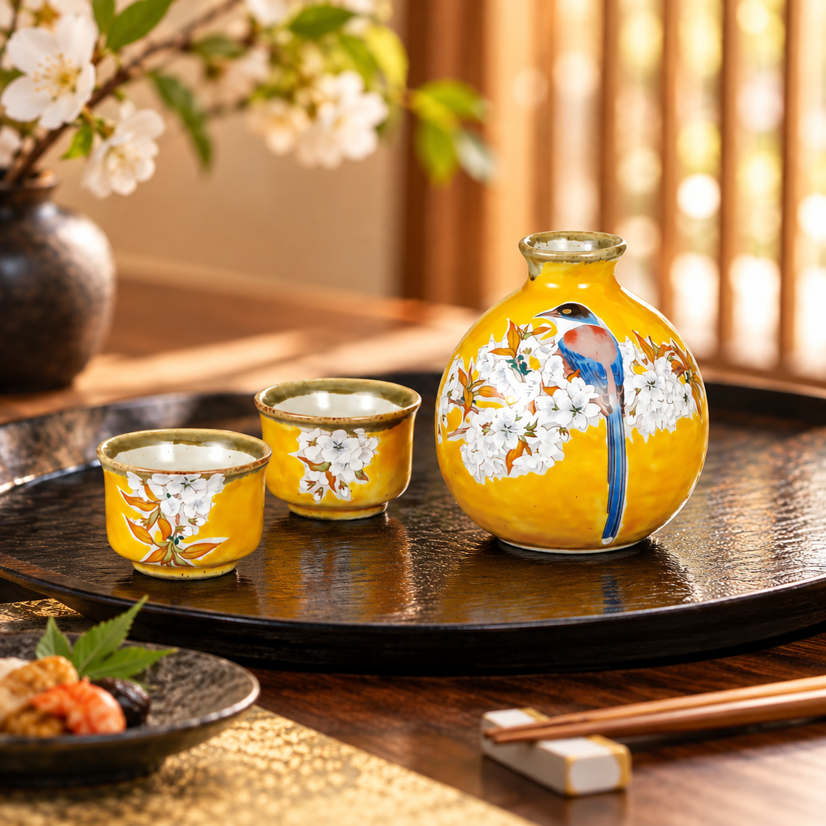 JAPANESE SAKE SET KUTANI YOSHIDAYA SAKURA AND BIRD