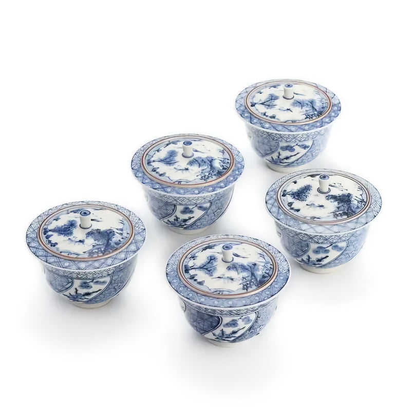 JAPANESE KUTANI WARE [IMPERIAL HOUSEHOLD PURVEYOR KILN] LIDDED TEA CUP SET – SHONZUI STYLE BY CHOZA YAMAMOTO