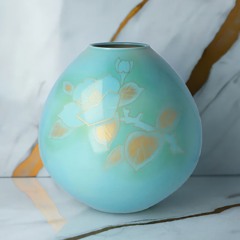 KUTANI WARE VASE WITH CAMELLIA DESIGN – AUTHENTIC JAPANESE HANDCRAFTED PORCELAIN FLOWER VASE