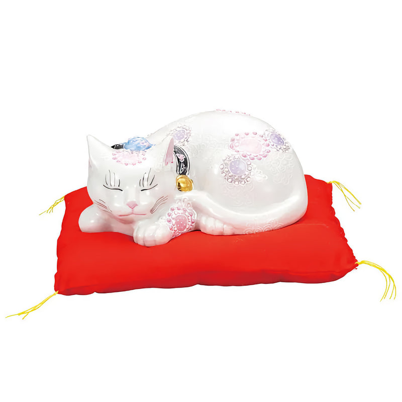 JAPANESE KUTANI PORCELAIN SLEEPING CAT – “HANA-MURASAKI” WITH FUTON