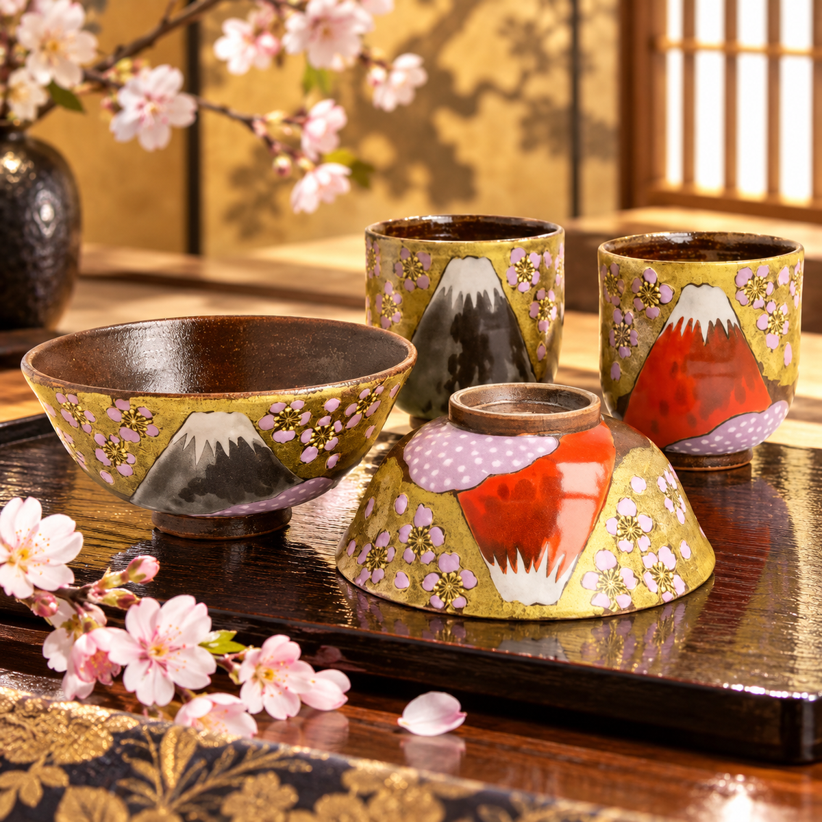 KUTANI WARE “GOLDEN CLOUD & SAKURA MT. FUJI” COUPLE SET / YOSHINORI FUKUDA