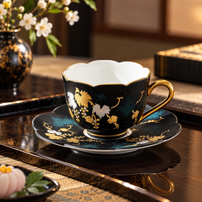 KUTANI JAPANESE COFFEE CUP & SAUCER PLATINUM DECORATION – GRAPE DESIGN WITH BLUE BEADS / KINGYOKU NAKADA