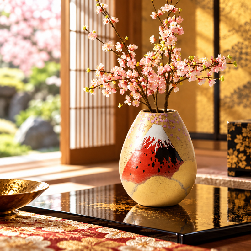 KUTANI WARE VASE – “GOLDEN CLOUDS AND CHERRY BLOSSOMS WITH MT. FUJI” / YOSHINORI FUKUDA
