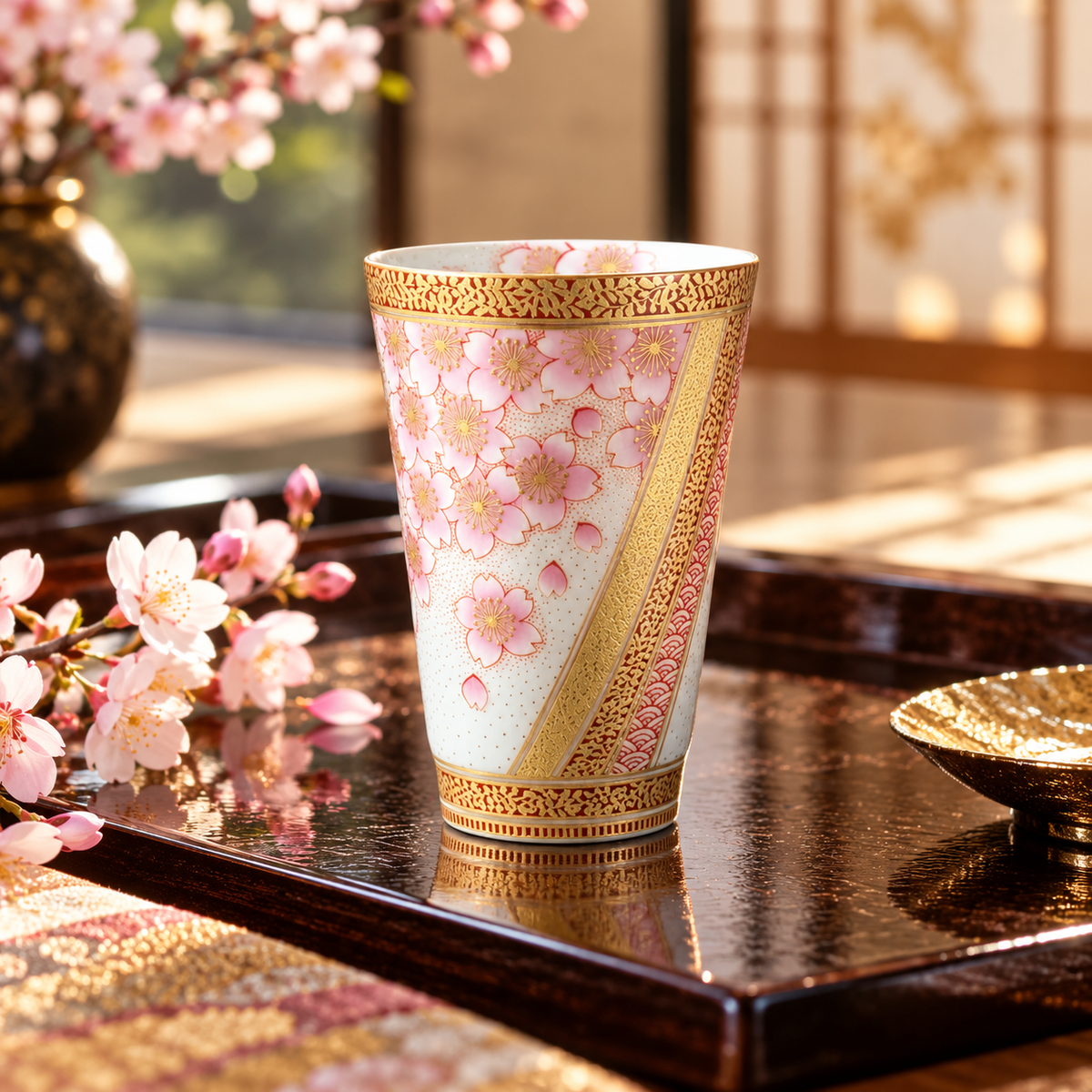 KUTANI WARE TUMBLER - KINRANDE CHERRY BLOSSOM CREST / YOSHINORI FUKUDA