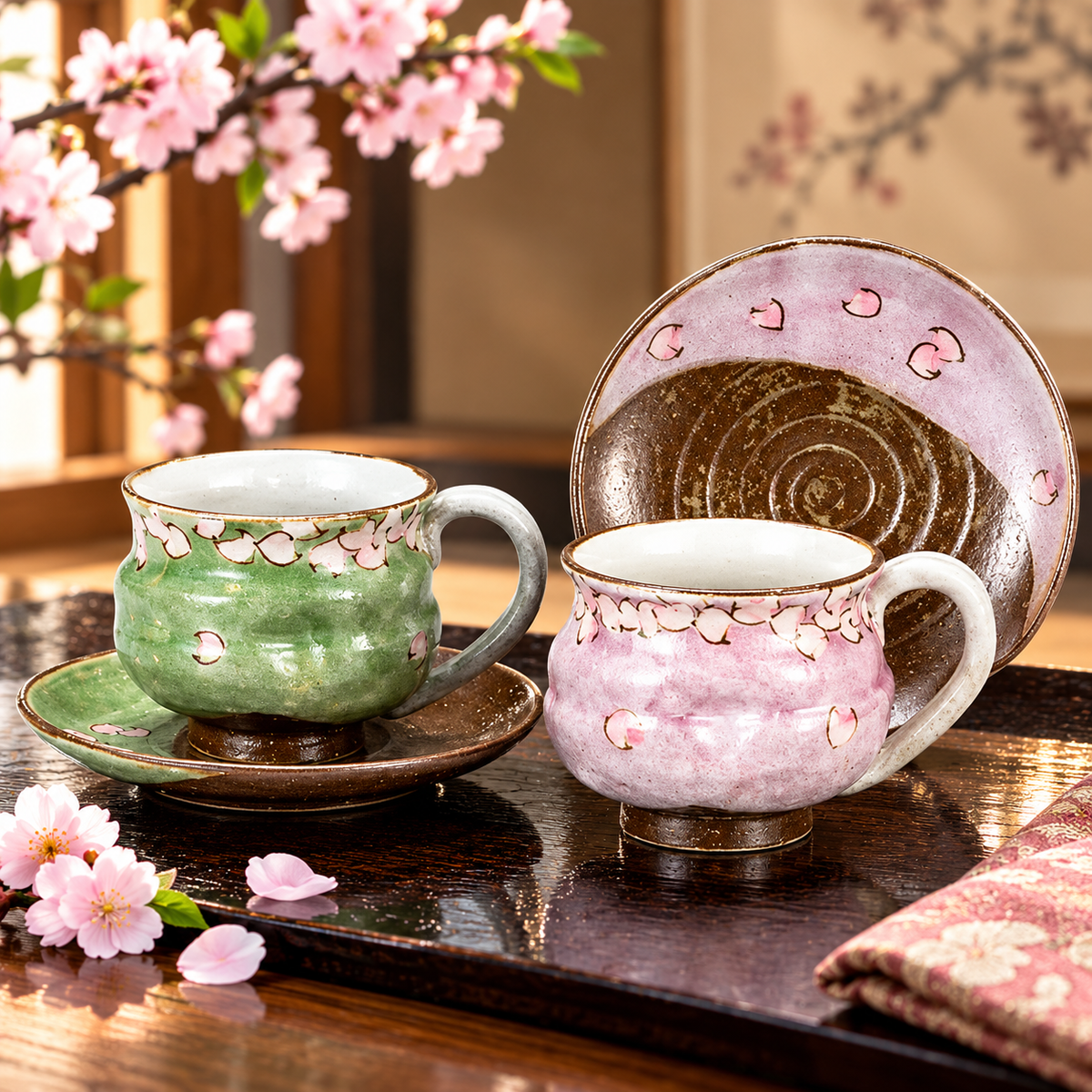 KUTANI WARE PAIR COFFEE CUPS ‘CHERRY BLOSSOM’ DESIGN / TAKAKO HIGASHI