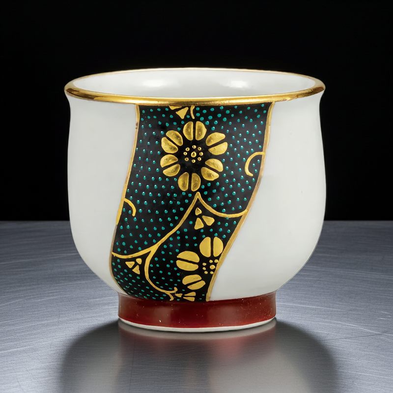 KUTANI JAPANESE  GUINOMI - GOLD LEAF TWISTED BLUE DOTS WITH TESSEN (CLEMATIS) DESIGN/ MANAMI UENO