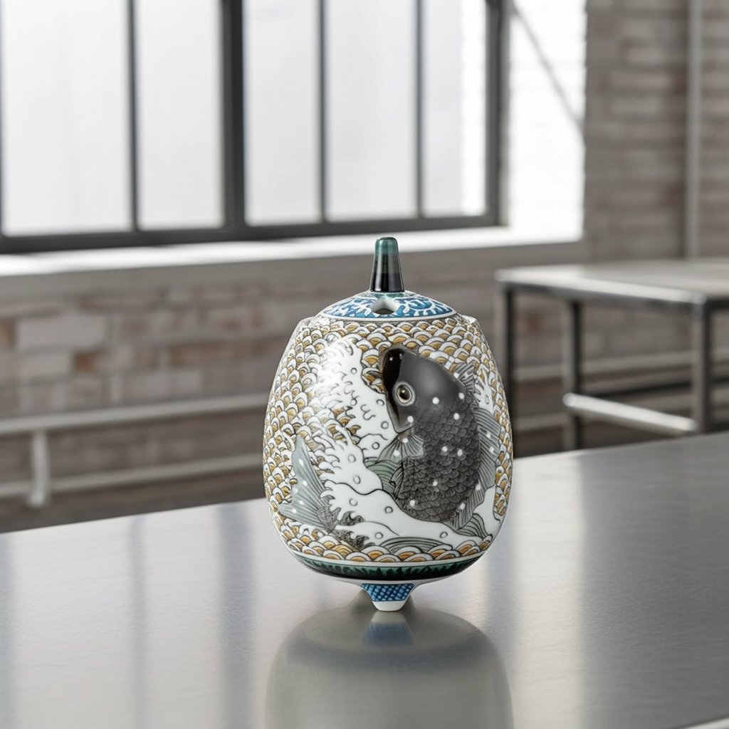 KUTANI WARE INCENSE BURNER – NOBORI KOI (CARP CLIMBING THE WATERFALL) BY YOSHINORI FUKUDA